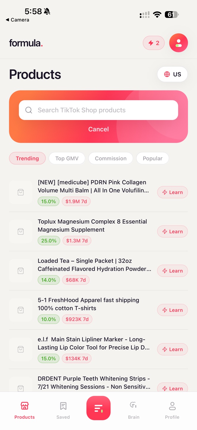 Formula products screen — TikTok Shop product search with commission and 7-day GMV data for trending products