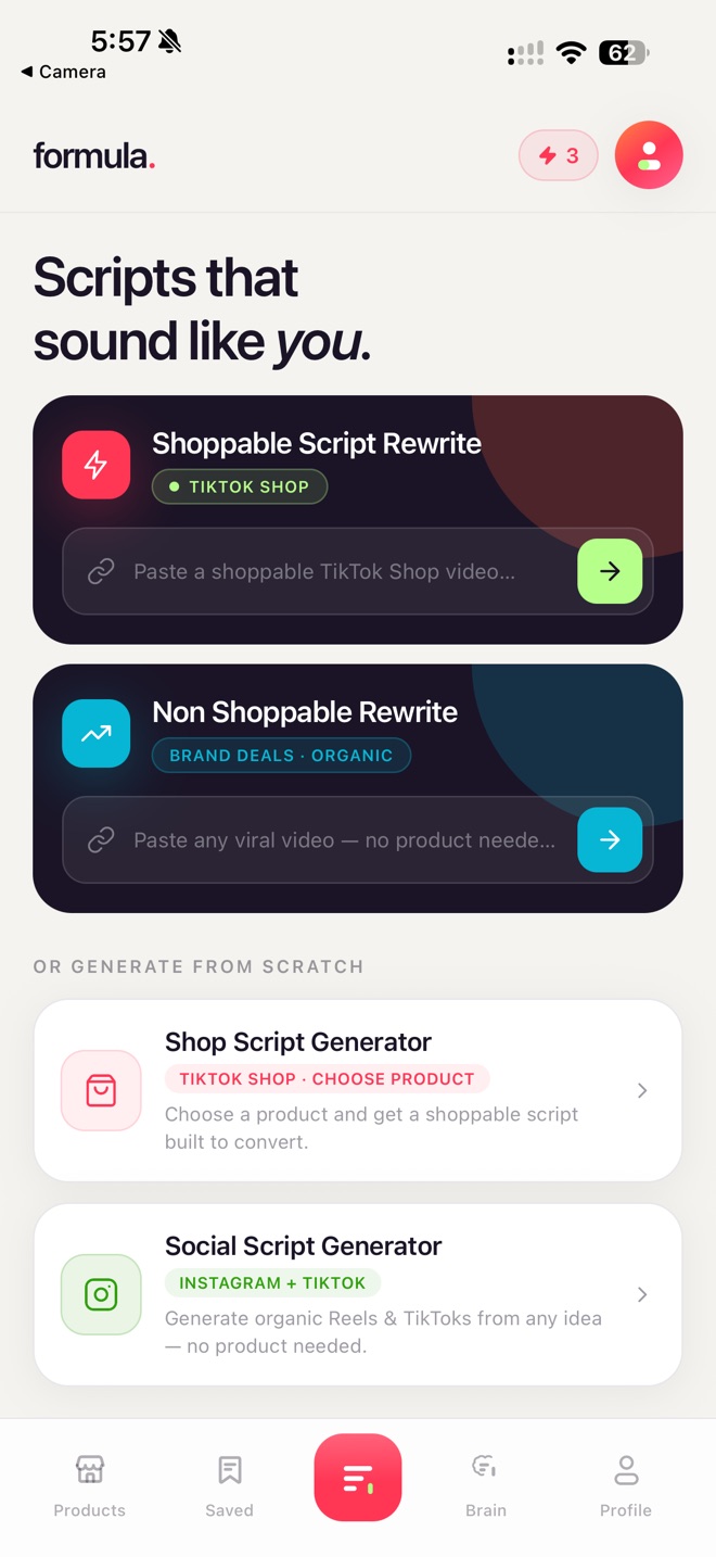 Formula app home screen — Scripts that sound like you, with Shoppable Script Rewrite and Non Shoppable Rewrite cards